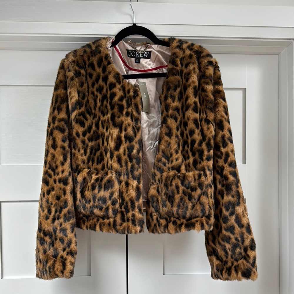 NWT J. Crew Lady Leopard Print Faux Fur Jacket
